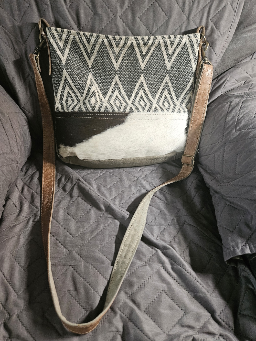 Myra Bag Black & White Chevron Canvas Crossbody with Brown Leather Strap